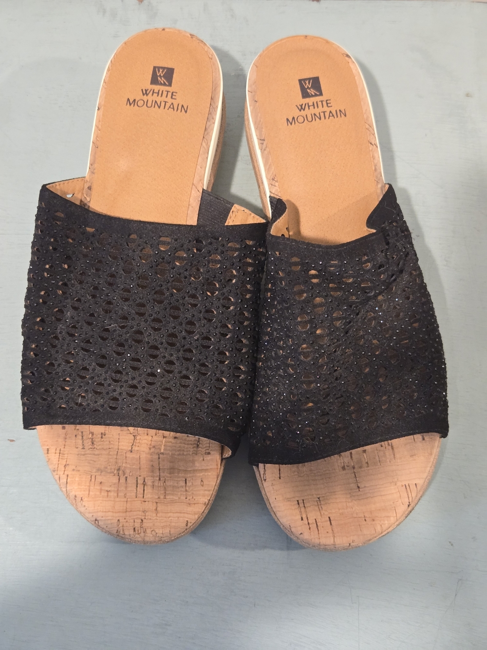 White Mountain Black Laser-Cut Slide Sandals